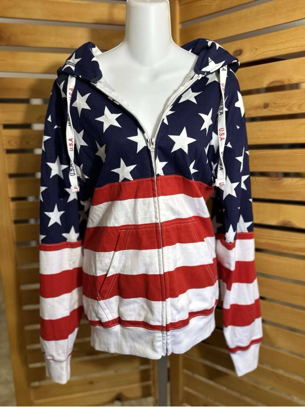 Patriotic Star & Stripe Zip Hoodie Jacket - Red, White & Blue